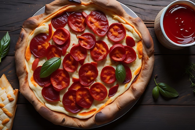 Freshly baked pizza on rustic wooden table