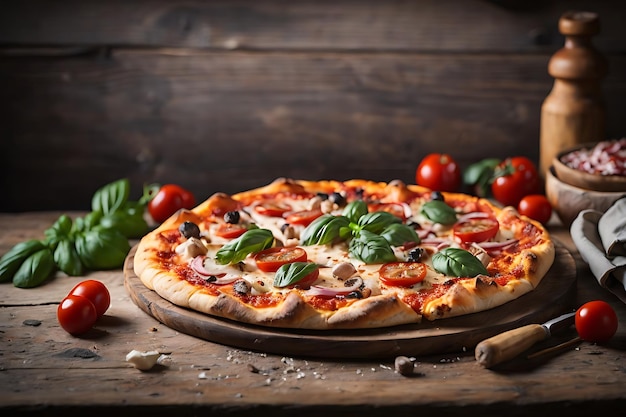 Freshly baked pizza on rustic wooden table