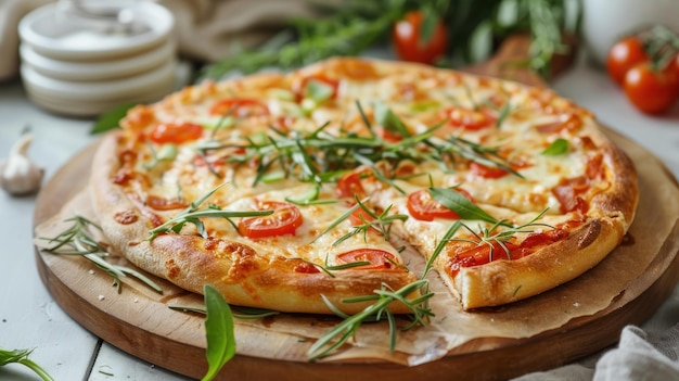 Freshly baked pizza with cherry tomatoes mozzarella cheese and fresh herbs on a wooden cutting boar