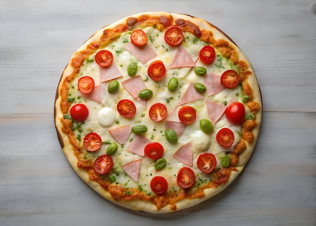 Freshly baked pizza with golden crust rich cheese and mouthwatering toppings