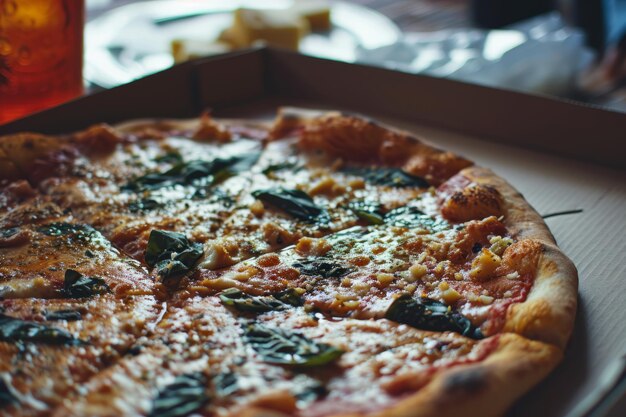 Freshly baked pizza with melting cheese and basil in a cardboard box suggesting a casual dining experience or food delivery