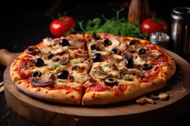 Freshly baked pizza with mushrooms and olives on a wooden board