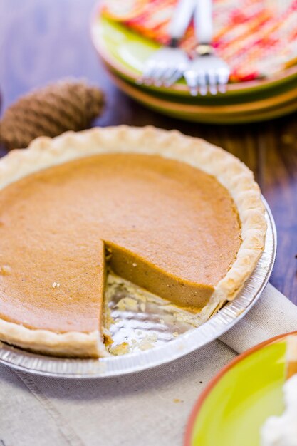 Freshly baked pumpkin pie from the local supermarket.