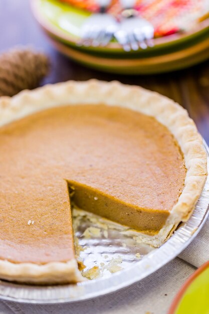 Freshly baked pumpkin pie from the local supermarket.