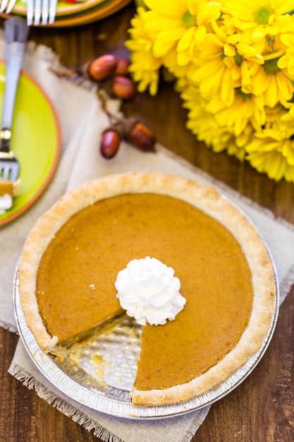 Freshly baked pumpkin pie from the local supermarket.