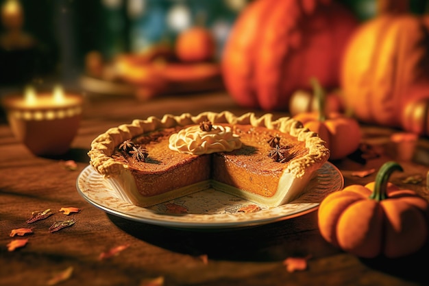 Freshly baked pumpkin pie lies on the table