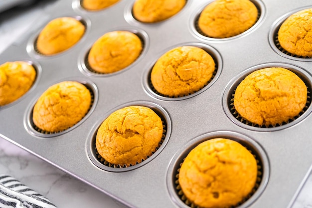 Freshly baked pumpkin spice cupcake cooling in cupcake pan.