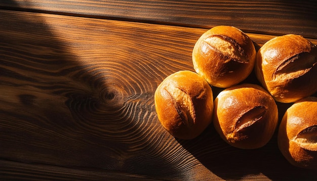 木製のテーブルの上で新しく焼かれた丸いパン 美味しい食べ物 自家製のパン屋 焼き物 トップビュー