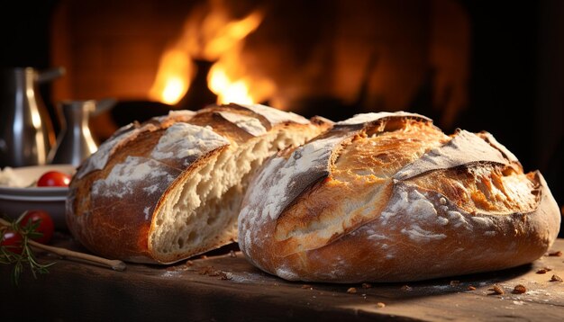 Foto baguette rustiche appena cotte su un tavolo di legno, un pasto domestico sano generato dall'ai