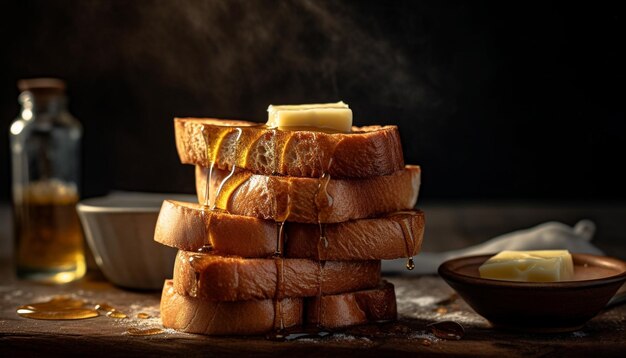 Свежеиспеченный деревенский хлеб, поджаренный с маслом, созданный искусственным интеллектом