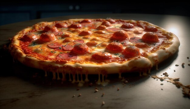 人工知能によって生成されたモザレラサラミとペペロニのスライスで新鮮に焼かれた田舎のピザ
