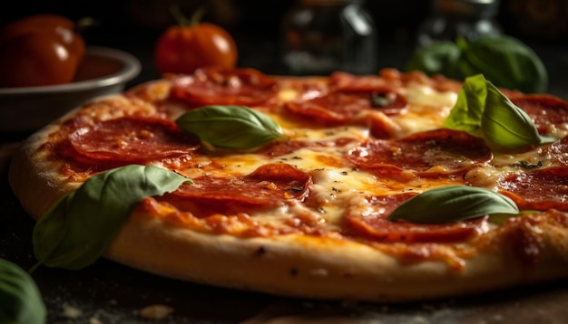 Freshly baked rustic pizza with mozzarella tomato and herbs generated by AI