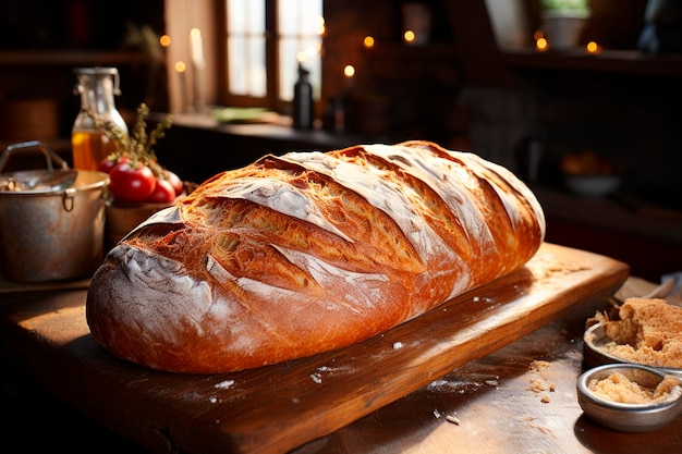 Freshly baked sourdough bread on a wooden board in a bakerygenerative ai
