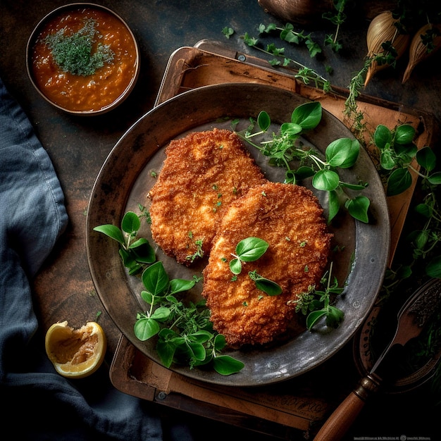 Freshly baked tasty schnitzel on a saucepan at the table