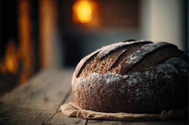 Freshly baked traditional bread on a rustic wooden table with powdery flour flying into air Ai gene