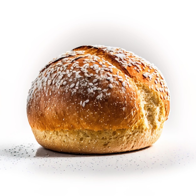 素朴な木製のテーブルの上に焼きたての伝統的なパンがあり、粉状の小麦粉が空気中に飛んでいます。