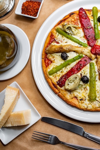 Freshly baked Vegetarian pizza with pepper and eggplant