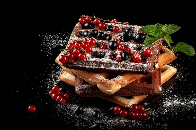 Freshly baked Viennese waffles lie on a black table.