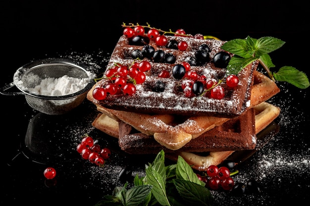 Freshly baked Viennese waffles lie on a black table.