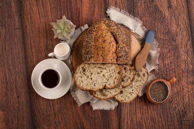 Freshly baked wheat bread loaf breakfast table