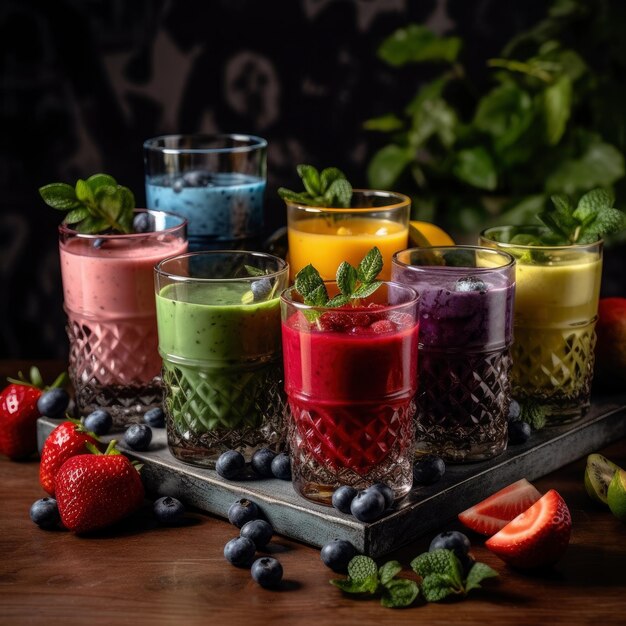 Свежо смешанные фруктовые смузи разных цветов и вкусов в стакане с малинами и чернилами