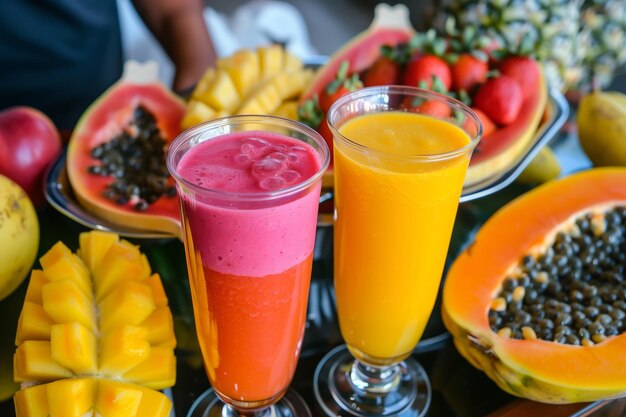 Photo freshly blended tropical smoothies by fruit trays