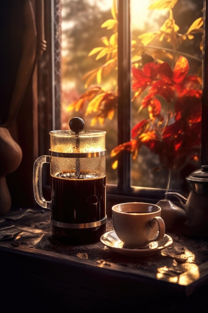 Freshly brewed black coffee with morning sunlight created with generative ai