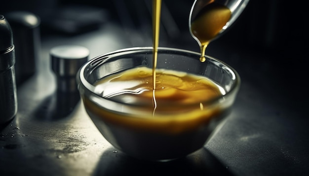 Freshly brewed cappuccino pouring into a metal drinking glass generated by artificial intelligence