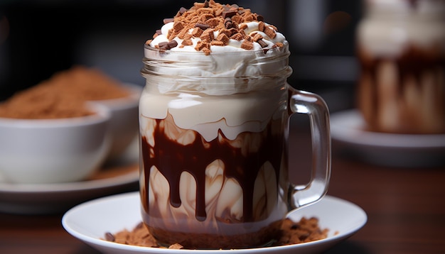 Freshly brewed coffee in a chocolate mug on a wooden table generated by artificial intelligence