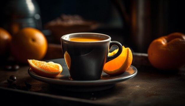 Freshly brewed coffee in rustic wooden mug on summer table generated by artificial intelligence