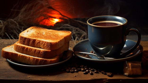 Freshly brewed coffee and toasted bread breakfast