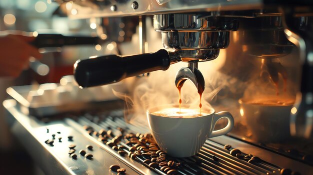 Freshly brewed coffee in a white cup placed on coffee beans against the backdrop of a coffee machine