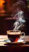 Photo freshly brewed coffee with steam rising on wooden table