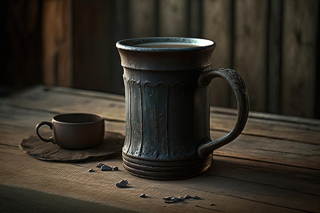 A freshly brewed cup of coffee in an iron mug on a rustic wooden tabletop