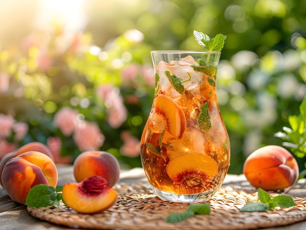 Freshly brewed iced peach mint lemonade in the summer background High resolution