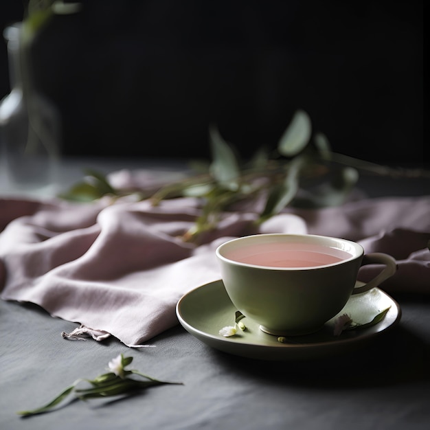 Photo freshly brewed tea in cup on the table