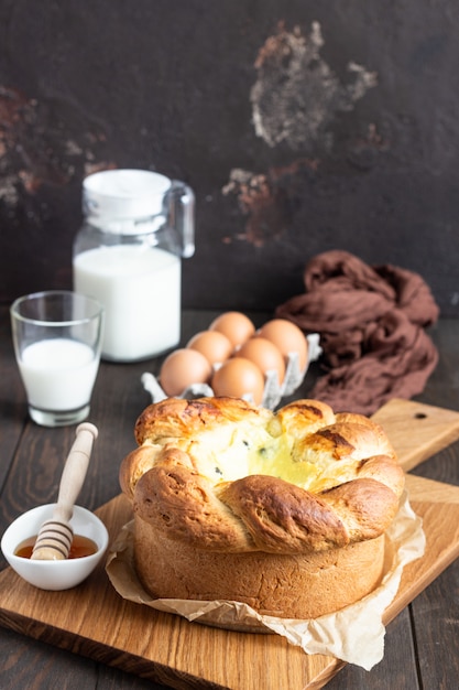 Freshly brioche bread with cottage cheese and raisin filling. 