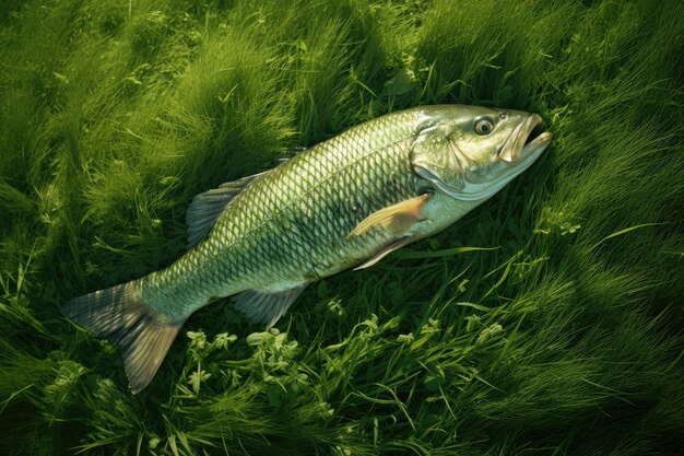 Photo freshly caught big fish on green grass