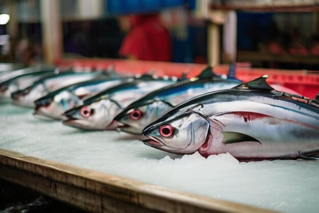 魚 市場 で 氷 に 置か れ て いる 新鮮 に 捕まえ られ た 青<unk> 魚