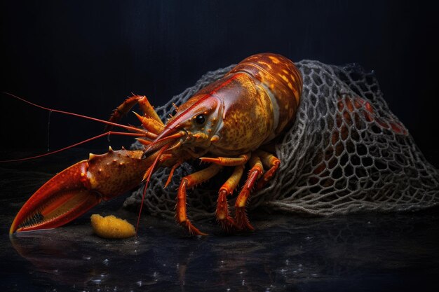 Freshly caught lobster in a net created with generative ai