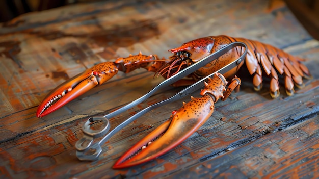 Photo freshly caught lobster on a wooden table the lobster is bright red and has its claws tied with a metal lobster cracker