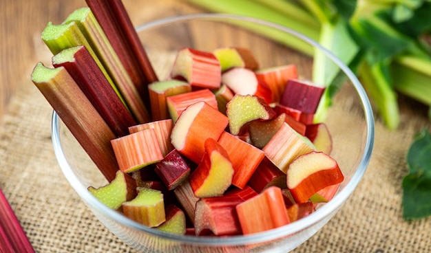 Freshly chopped Rhubarb close up selective focus