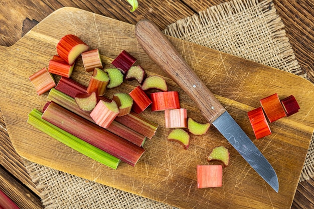 Freshly chopped Rhubarb close up selective focus