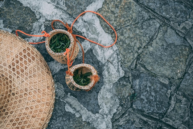 Freshly collected green tea leaves in wicker bowls