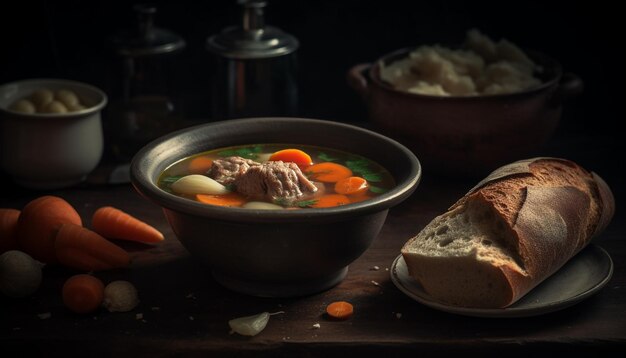 Photo freshly cooked beef stew in rustic crockery bowl generated by ai