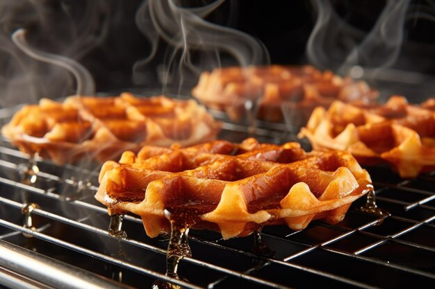 Freshly cooked belgian waffles steaming on a cooling rack created with generative ai