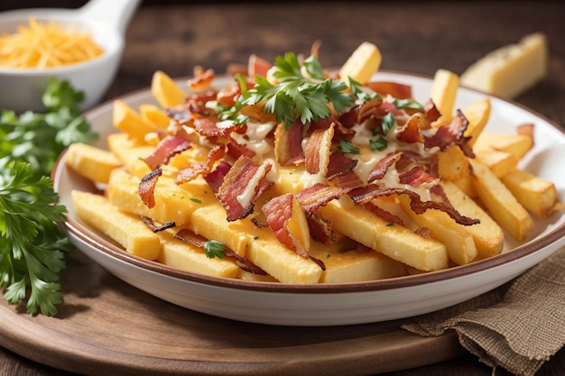 Freshly cooked french fries baked with cheddar cheese and bacon