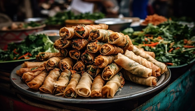 Freshly cooked gourmet meal chinese spring rolls with pork and vegetables generated by ai