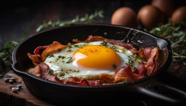 Freshly cooked gourmet meal on rustic cast iron generated by AI