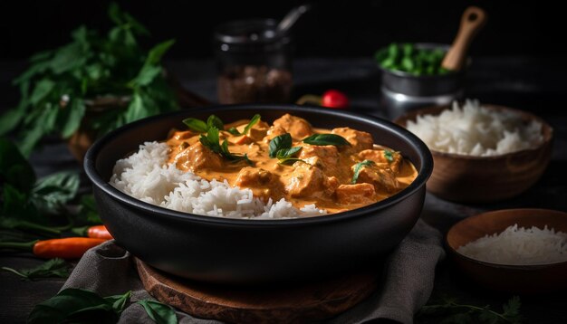 Freshly cooked meal of pork and basmati rice with vegetables generated by AI